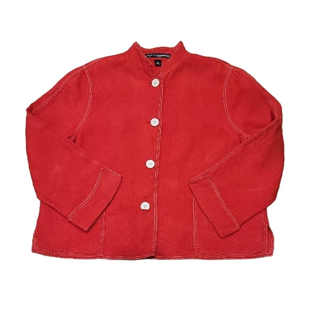 Linda Allard Ellen Tracy Red Linen‎ Blazer Sz 14 Midi Cuffed Sleeve Office - Picture 4 of 12